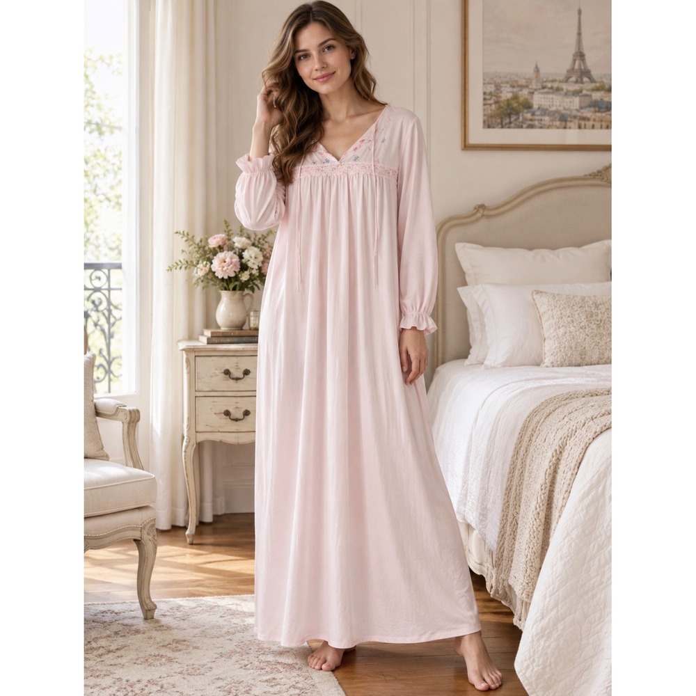 Vintage Gilead Pink Nylon Long Sleeve Nightgown Lg Floral Lace Trim Made in USA